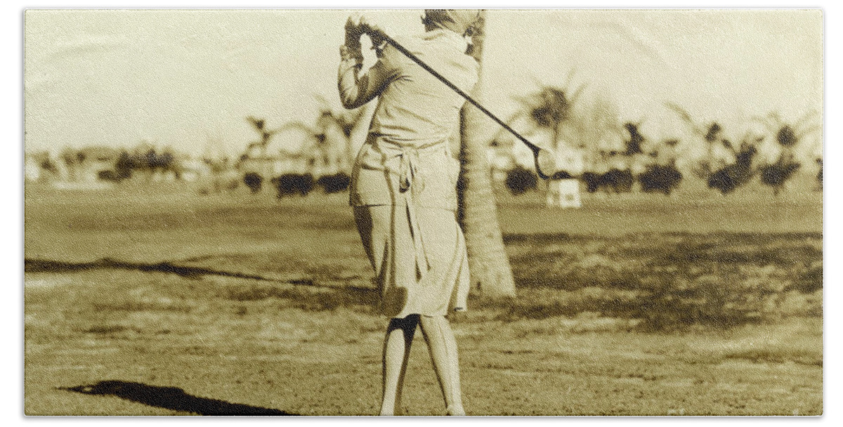 Golf.golfing Bath Towel featuring the photograph Woman in dress, cloche hat and medium heel shoes on a Miami Beach golf course, May 2, 1927 by American School