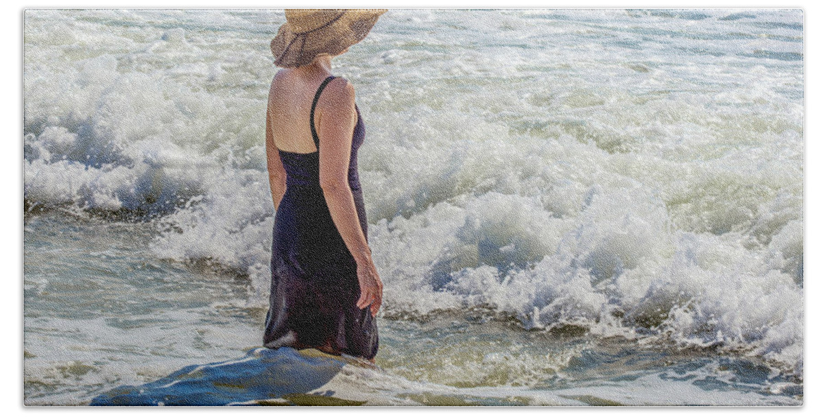 Beach Bath Towel featuring the photograph Woman in The Waves by WAZgriffin Digital