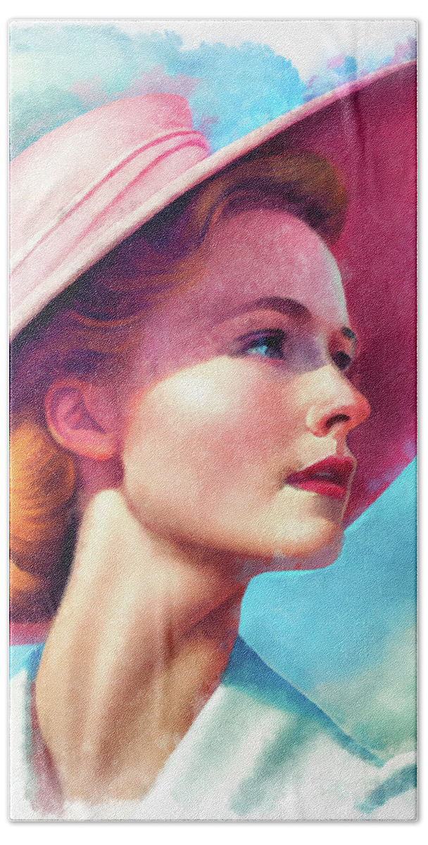 Woman Bath Towel featuring the painting Woman Portrait 18 Pink Hat and Blue Sky by Matthias Hauser