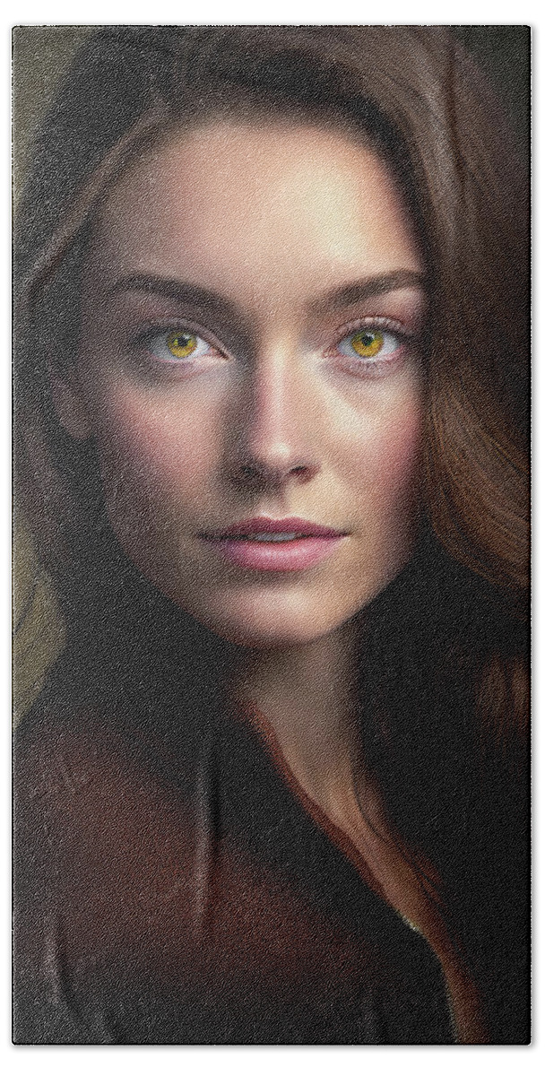 Woman Bath Towel featuring the digital art Woman Portrait 22 Brown Hair Hazel Eyes by Matthias Hauser