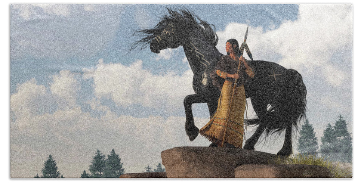 Native American Bath Towel featuring the digital art Woman Warrior and War Horse by Daniel Eskridge