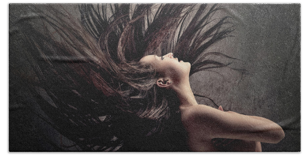 Hair Bath Towel featuring the photograph Woman waving long dark hair by Johan Swanepoel