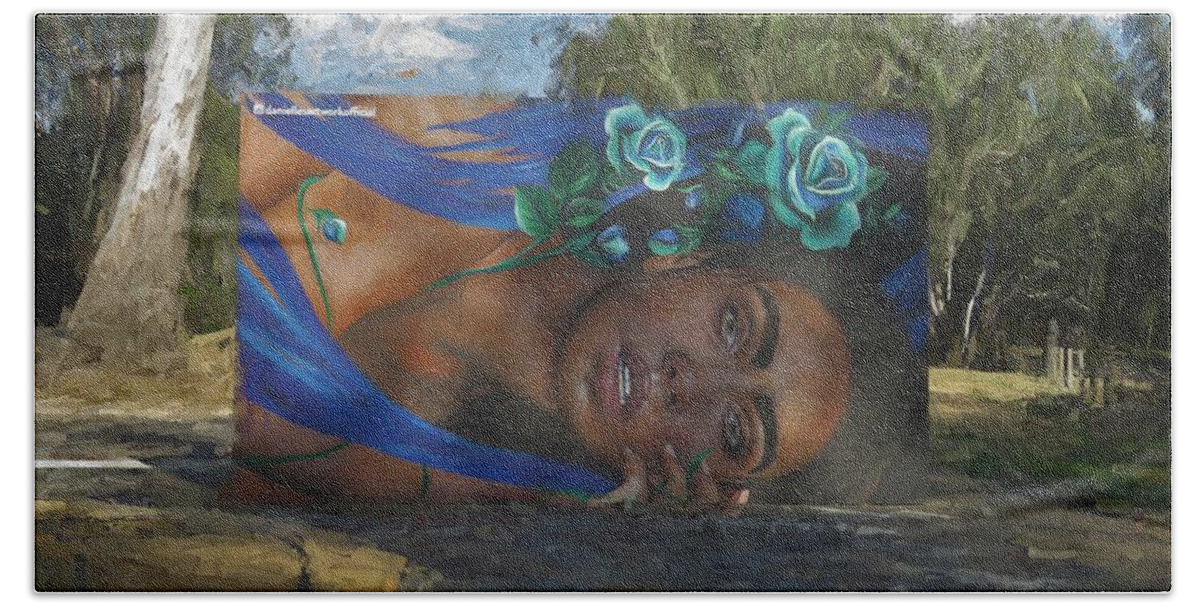 Portrait Bath Towel featuring the mixed media Woman With Blue Roses by Joan Stratton