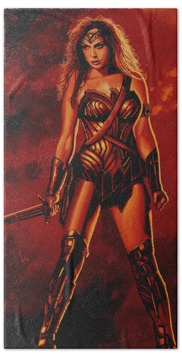 Woman Hand Towel featuring the painting Wonder Woman Painting by Paul Meijering