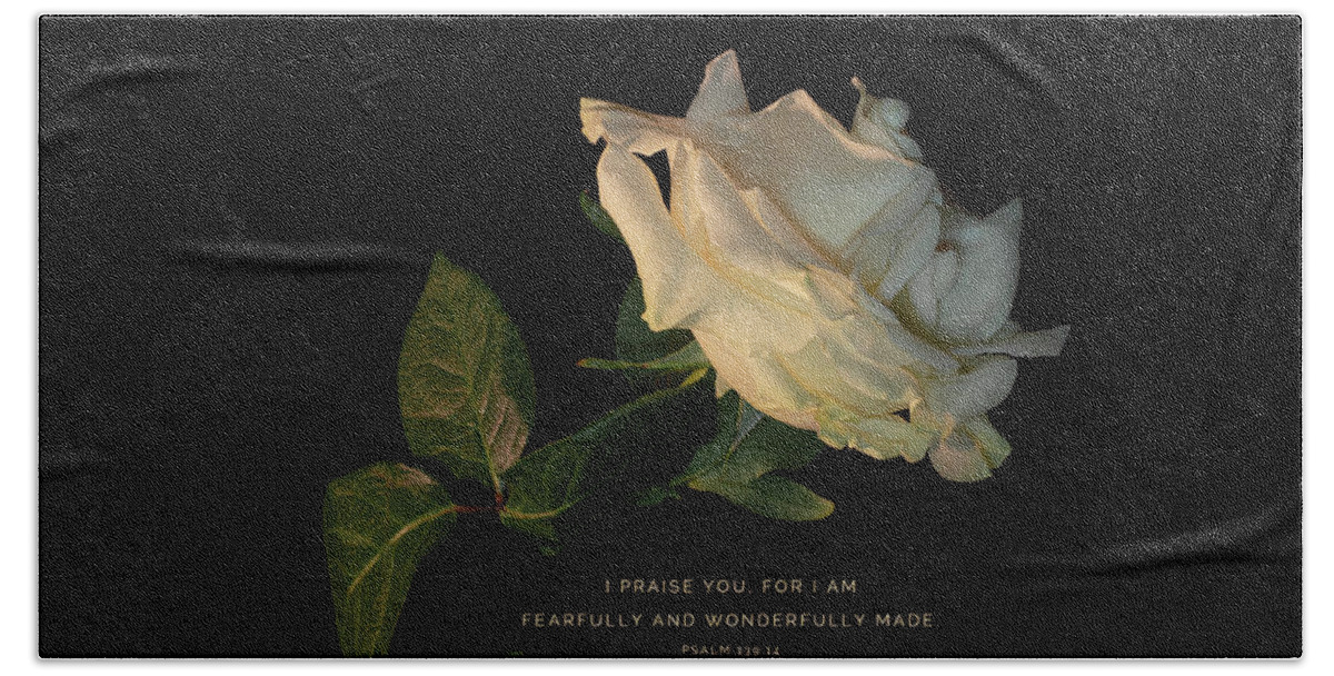 White Rose Bath Towel featuring the photograph Wonderfully Made - Rose by Deborah D Campbell