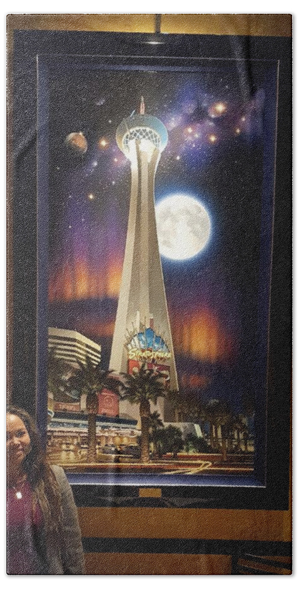 Las Vegas Stratosphere Tower The Strip Kenny Youngblood Bath Towel featuring the painting Wonders of the Universe by Kenny Youngblood