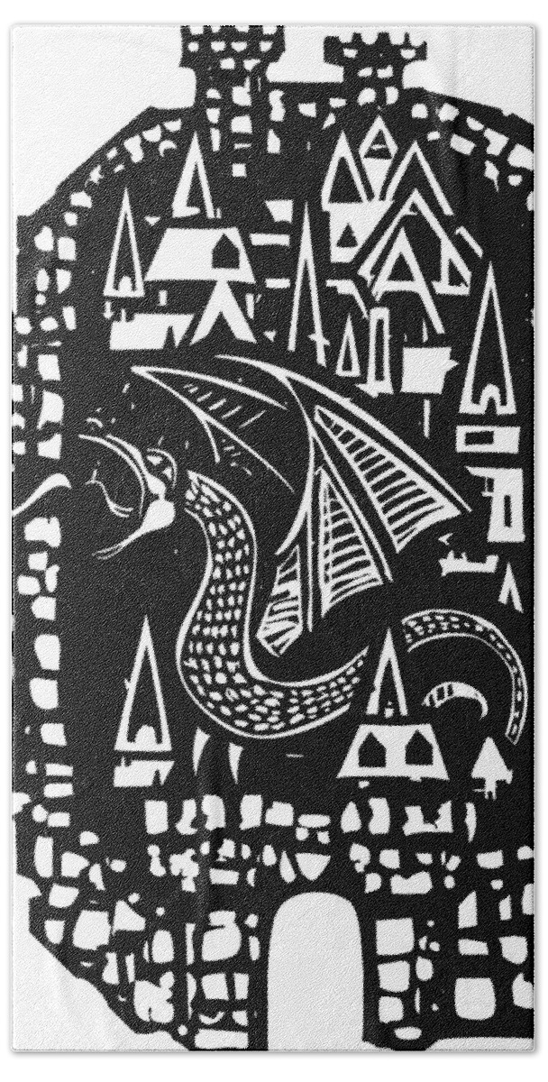 Burn Hand Towel featuring the drawing Woodcut Dragon City by Jeffrey Thompson