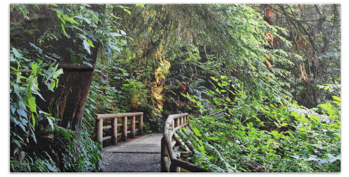 Alex Lyubar Bath Towel featuring the photograph Wooden bridge on a firest hiking trail by Alex Lyubar