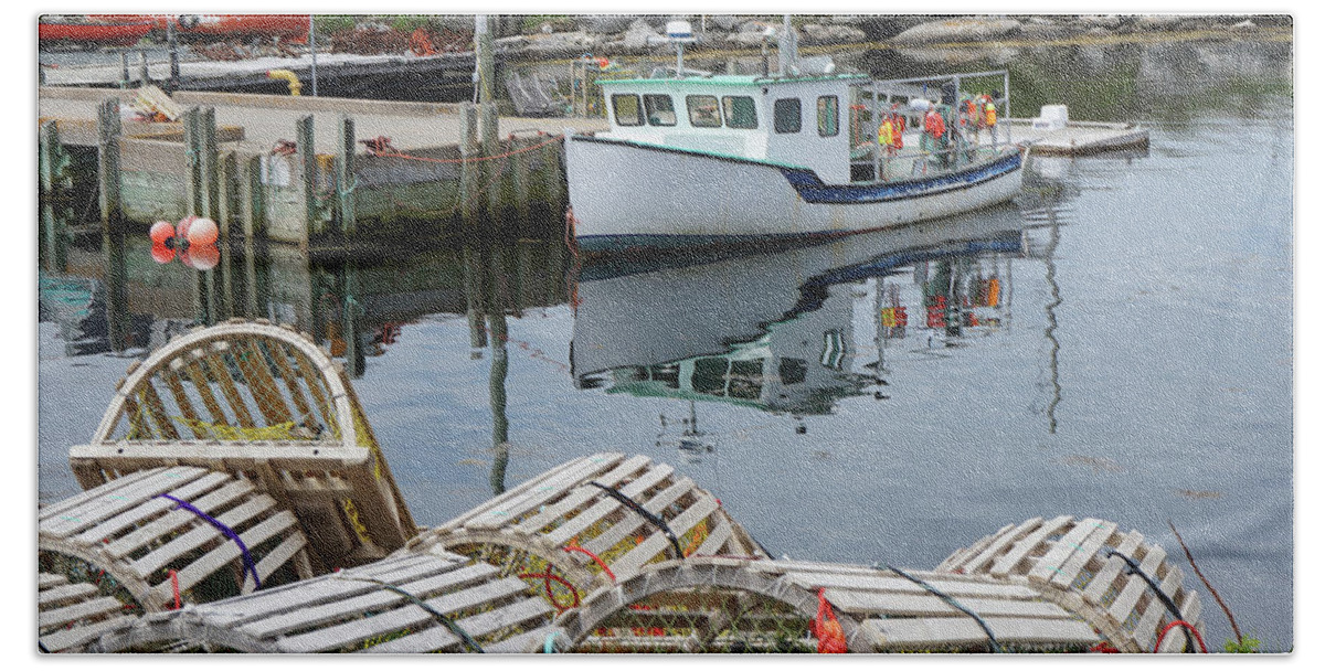 Wooden lobster traps and a fishing boat in Peggys Cove, Nova Scotia Bath  Towel by Paul Hamilton - Pixels