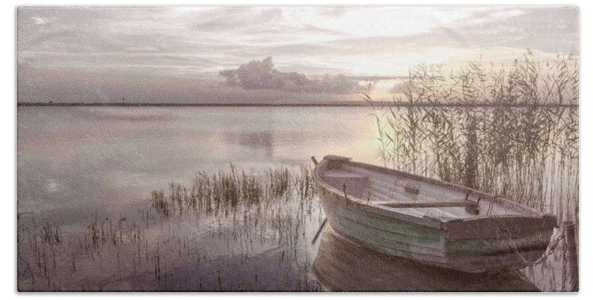 Boats Bath Towel featuring the photograph Wooden Rowboat at Soft Sunset by Debra and Dave Vanderlaan