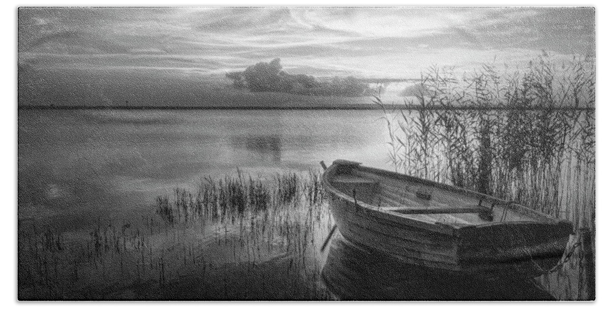 Boats Bath Towel featuring the photograph Wooden Rowboat at Sunset Black and White by Debra and Dave Vanderlaan