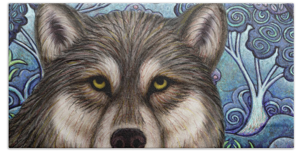 Labrador Wolf Bath Towel featuring the painting Woodland Wolf by Amy E Fraser