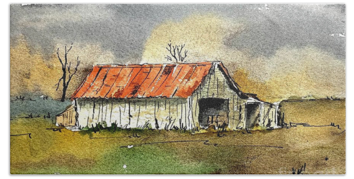 Old Barn And Shed. Watercolor Bath Towel featuring the painting Worn out by William Renzulli
