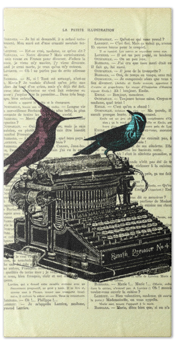 Bird Hand Towel featuring the mixed media Writer's Birds by Madame Memento