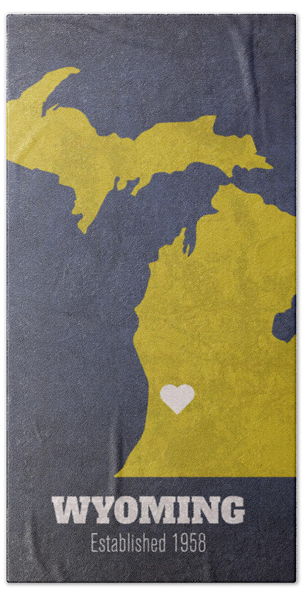 Wyoming Hand Towel featuring the mixed media Wyoming Michigan City Map Founded 1958 University of Michigan Color Palette by Design Turnpike