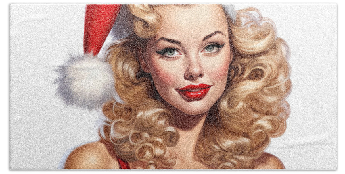 Painting Hand Towel featuring the painting X-Mas Pin-up No.2 by My Head Cinema