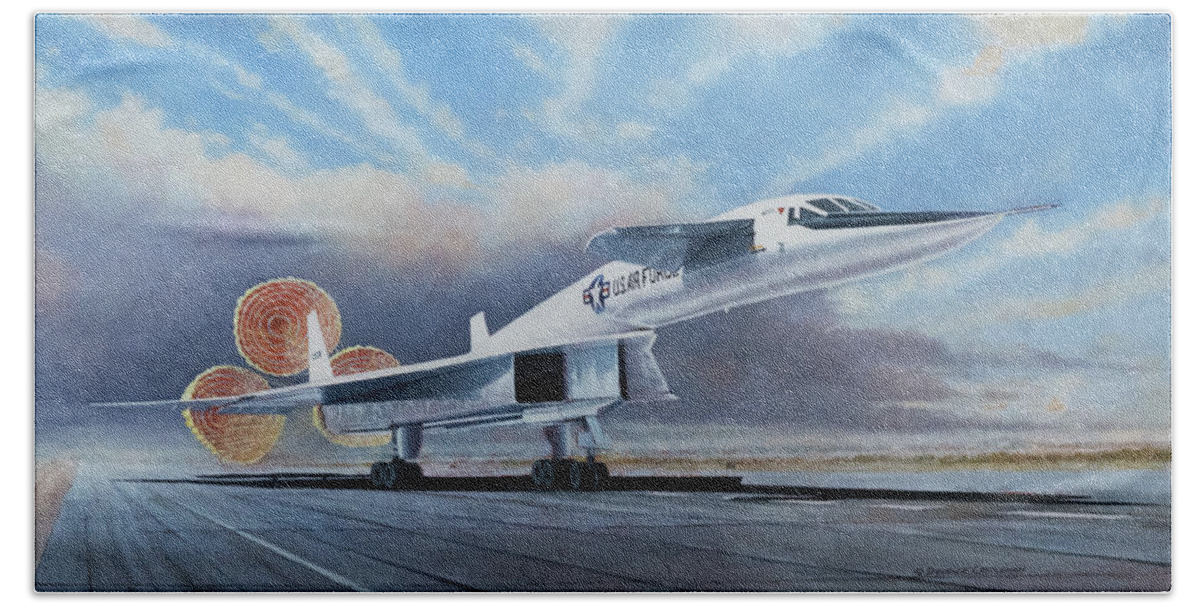 Aviation Art Bath Towel featuring the painting XB-70A Landing by Douglas Castleman