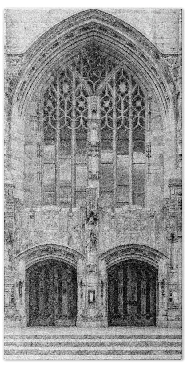 Yale Hand Towel featuring the photograph Yale University Sterling Library III BW by Susan Candelario