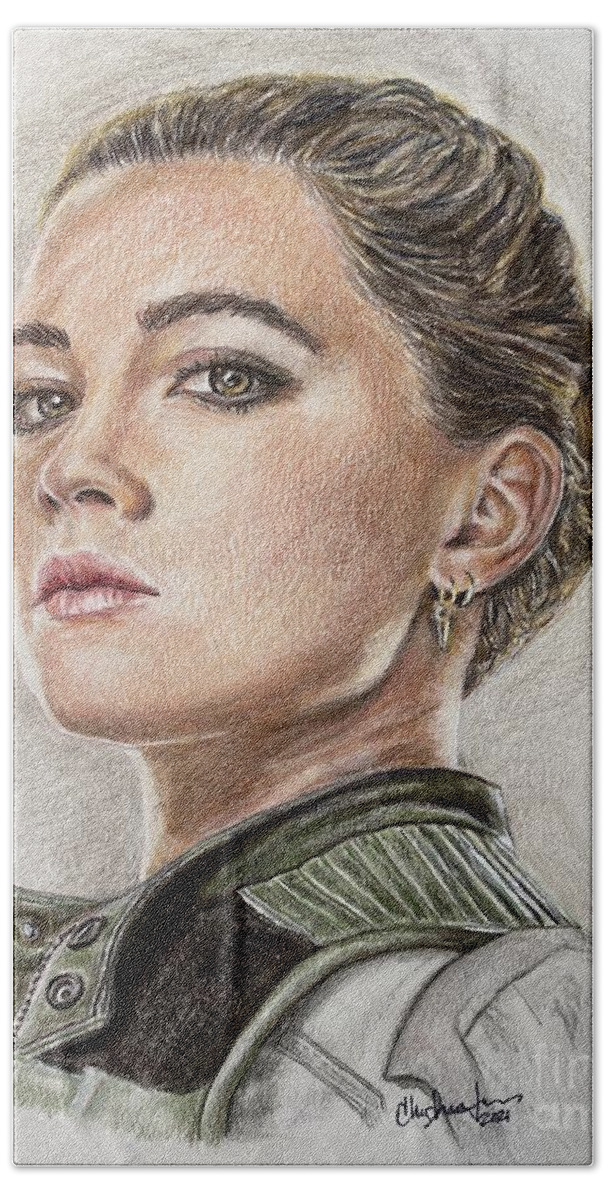 Yelena Bath Towel featuring the drawing Yelena / Florence Pugh by Christine Jepsen