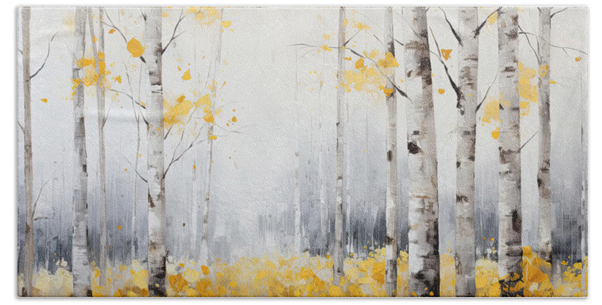 Yellow Bath Towel featuring the painting Yellow and Gray Birch Trees by Lourry Legarde