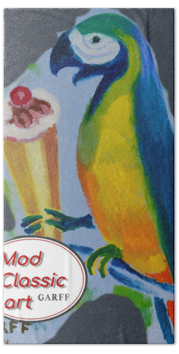 Parrot Hand Towel featuring the painting Yellow Ara with Ice Cream ModClassic Art by Enrico Garff