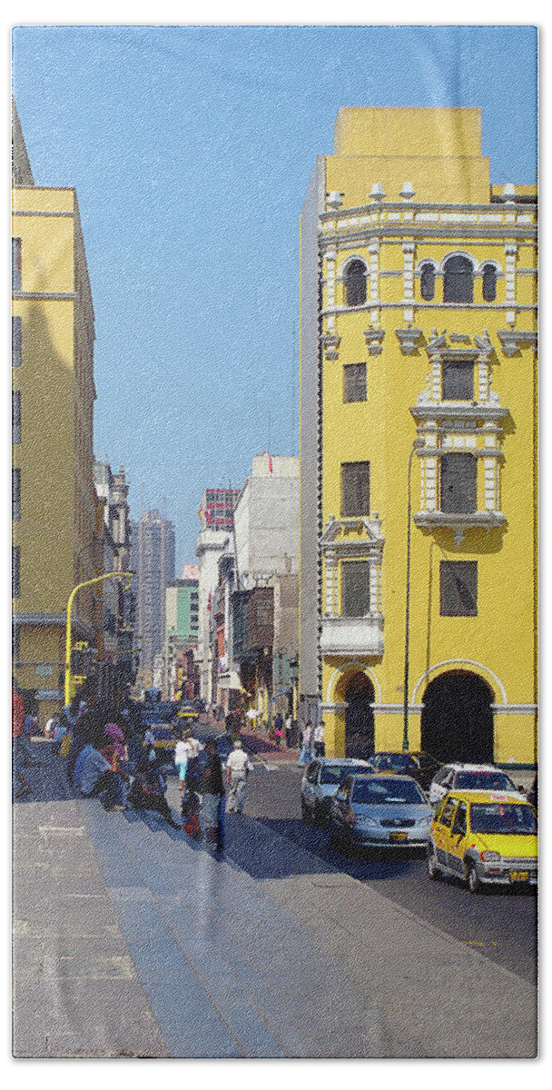 Yellow Buildings Bath Towel featuring the photograph Yellow Buildings City Street Lima Peru by Karen Zuk Rosenblatt