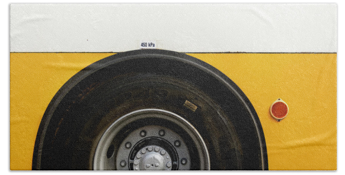 Yellow Bath Towel featuring the photograph Yellow Bus Close-up by Martin Vorel Minimalist Photography