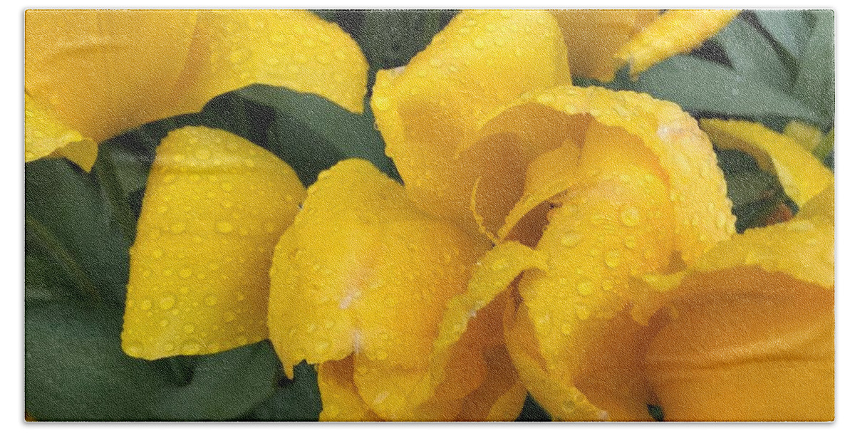 Dew Bath Towel featuring the photograph Yellow Drops by Mona Remedios Stickley