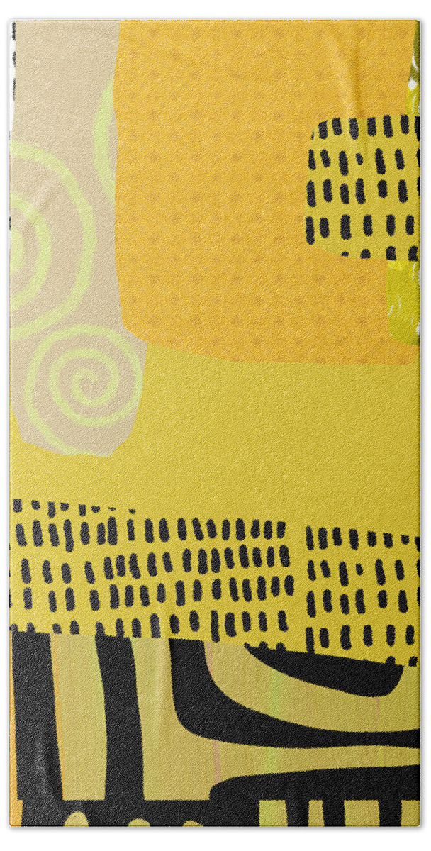 Yellow Abstract Bath Towel featuring the mixed media Yellow Jazz by Nancy Merkle