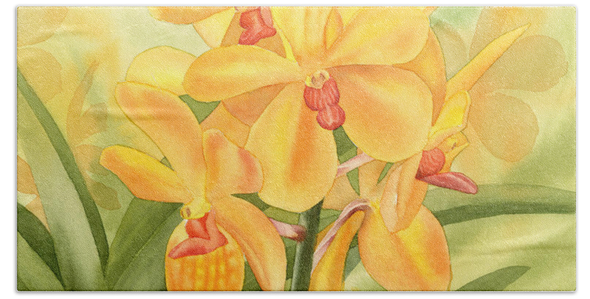 Yellow Bath Towel featuring the painting Yellow Orchid by Espero Art