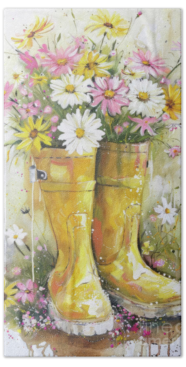 Yellow Boots Bath Towel featuring the painting Yellow Rainboots by Tina LeCour