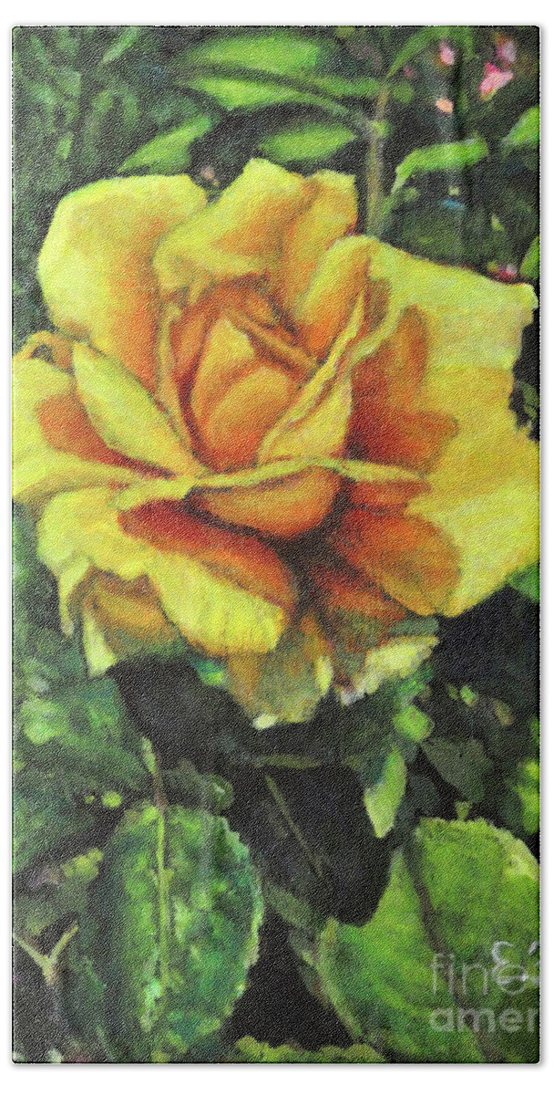 Yellow Rose Bath Towel featuring the painting Yellow Rose by Eileen Fong