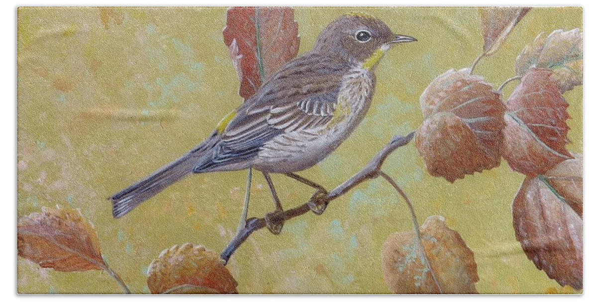 Yellow-rumped Warbler Bath Towel featuring the painting Yellow-rumped Warbler by Barry Kent MacKay
