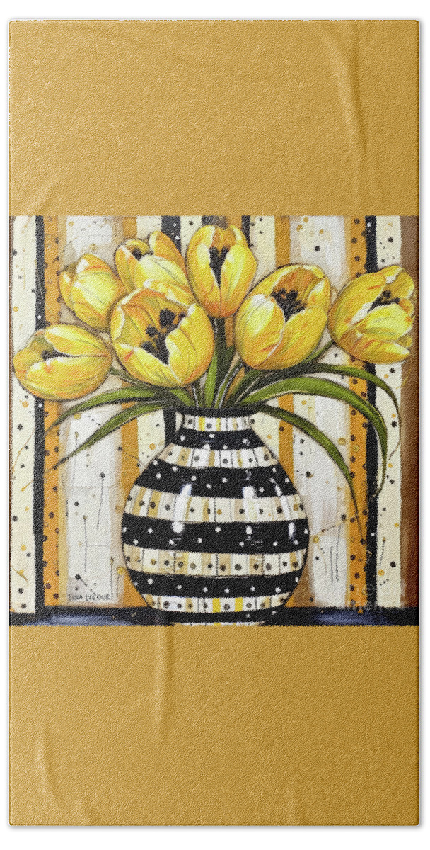 Yellow Tulips Bath Towel featuring the painting Yellow Spring Tulips by Tina LeCour