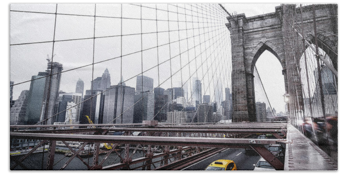 Yellow Hand Towel featuring the photograph Yellow Taxi over Brooklyn Bridge by Nicklas Gustafsson