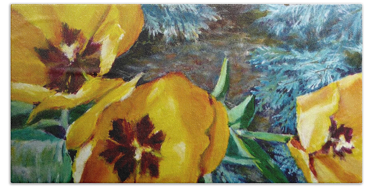Yellow Hand Towel featuring the painting Yellow Tulips by Merana Cadorette