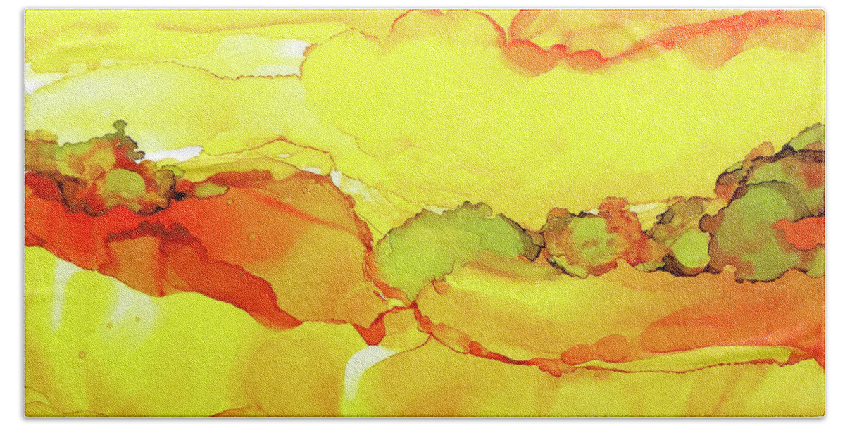 Alcohol Ink Bath Towel featuring the painting Yellowscape 2 by Chris Paschke
