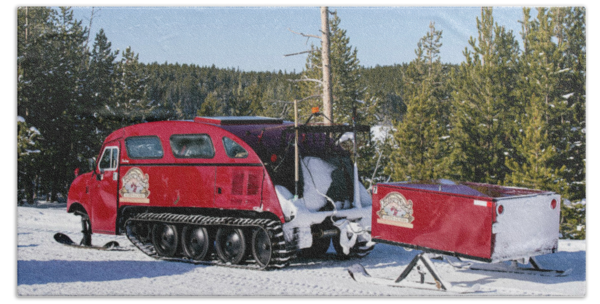 Fine Art Bath Towel featuring the photograph Yellowstone Park Bombardier Snow Coach by Greg Sigrist