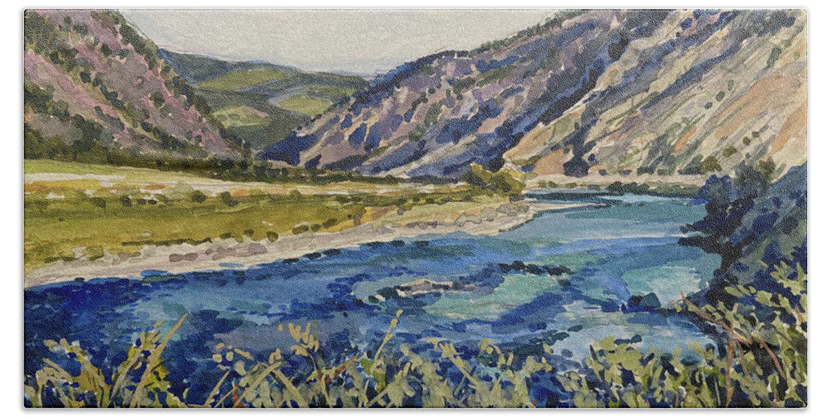 Yellowstone River Bath Towel featuring the painting Yellowstone River and Yankee Jim Canyon by Les Herman