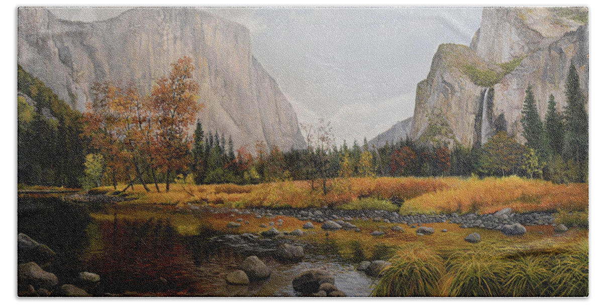 Yosemite Bath Towel featuring the painting Autumn in Yosemite by Charles Owens