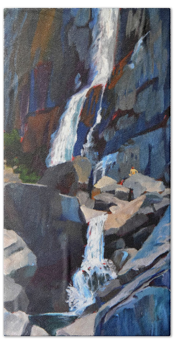 Waterfall Bath Towel featuring the painting Yosemite Falls in August by Alice Leggett