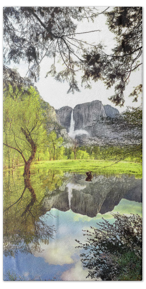 Yosemite Falls Bath Towel featuring the photograph YOSEMITE FALLS, PANORAMA, Yosemite National Park, California by Don Schimmel