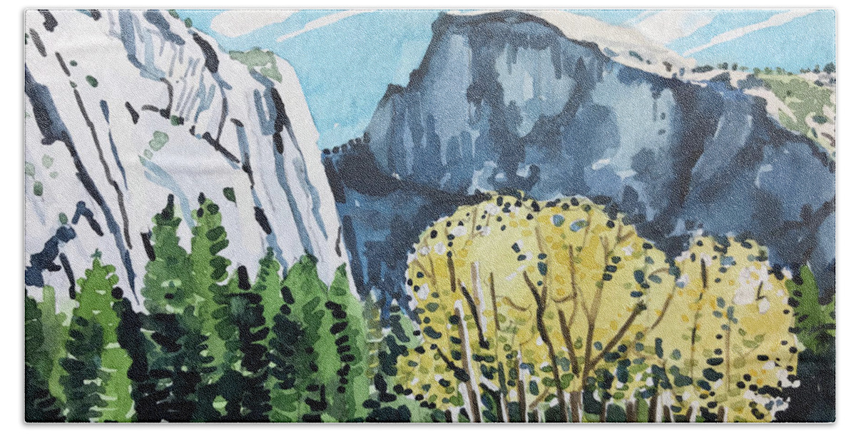 River Hand Towel featuring the painting Yosemite half Dome by Luisa Millicent