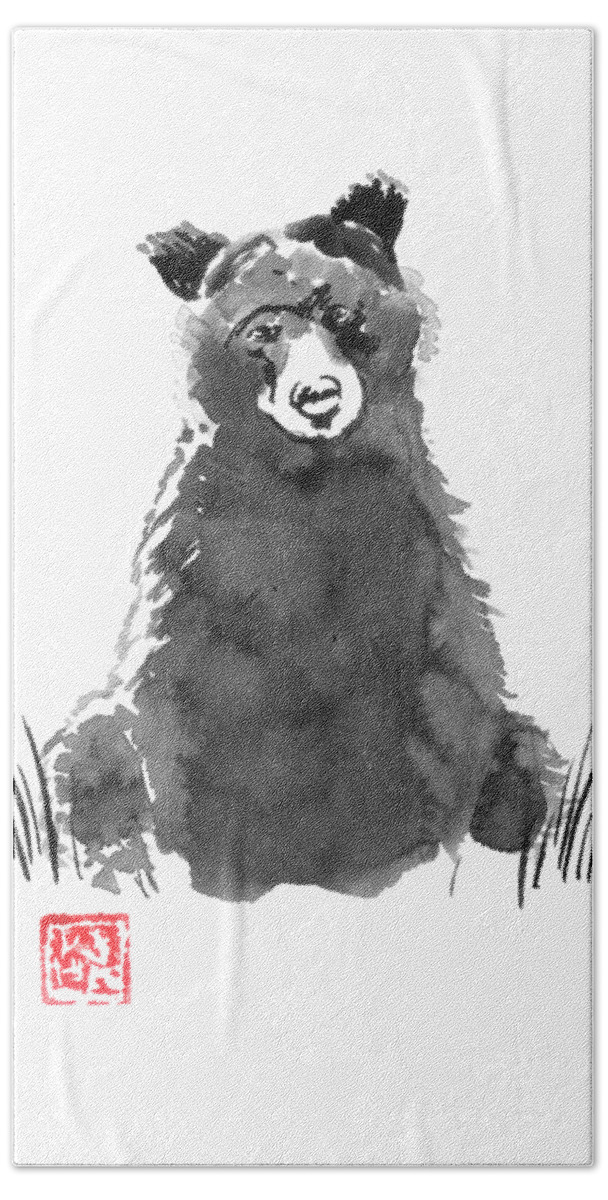Ours Hand Towel featuring the drawing Young Bear by Pechane Sumie