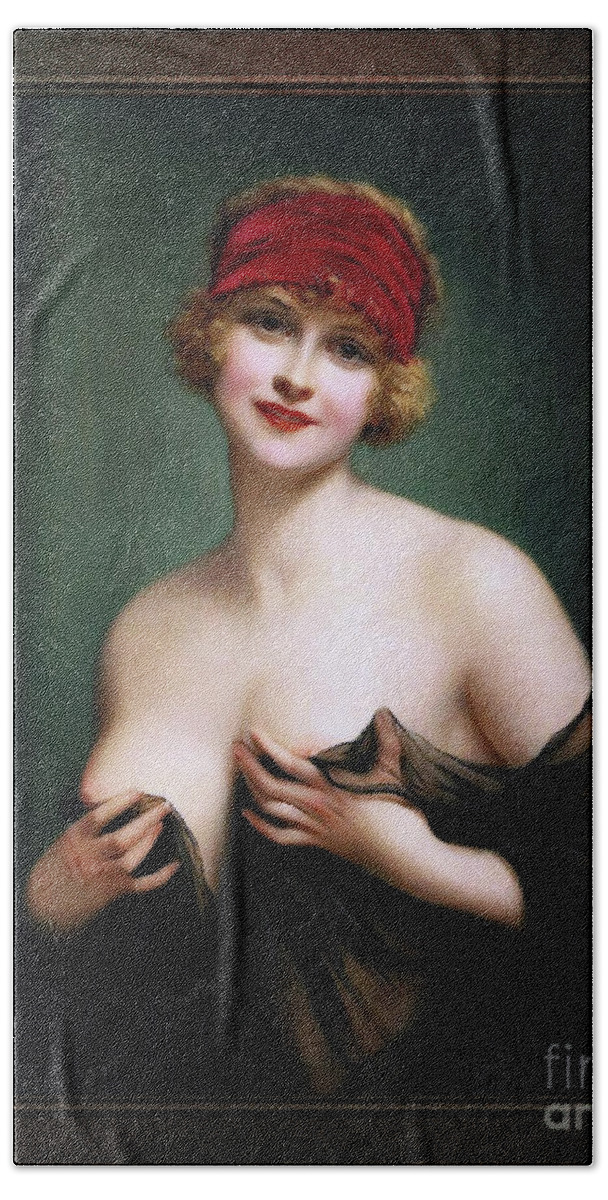 Young Woman In A Negligee Bath Towel featuring the painting Young Woman In A Negligee by Francois Martin-Kavel by Rolando Burbon