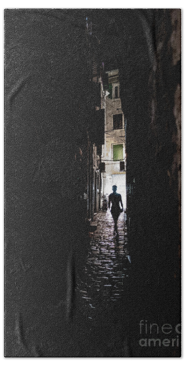  Bath Towel featuring the photograph Young Woman Walks Alone Through Spooky Narrow Abandoned Alley In The Night by Andreas Berthold