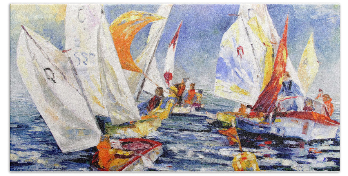 Optimist Bath Towel featuring the painting Youngster Sailing Regatta by Barbara Pommerenke
