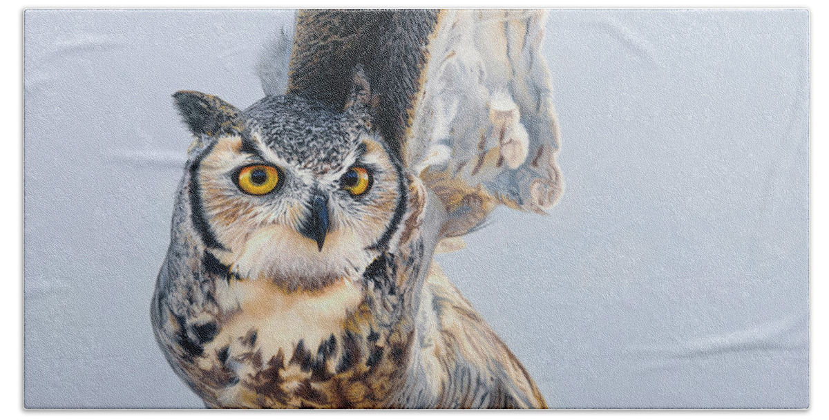 Nikita Coulombe Bath Towel featuring the painting Your Time Will Come - Great Horned Owl by Nikita Coulombe