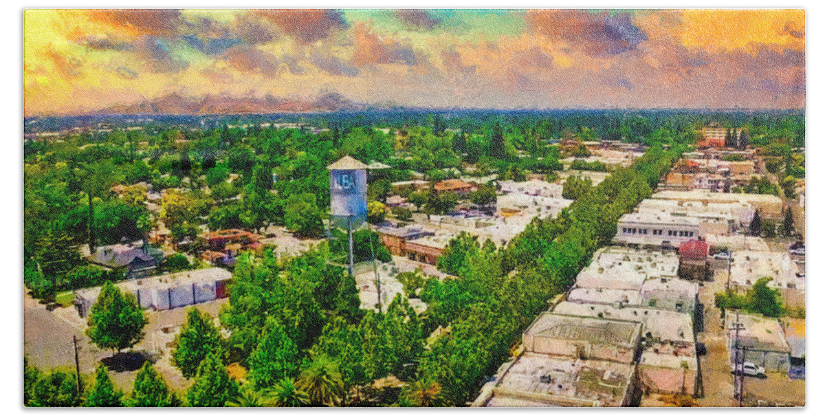 Yuba City Bath Towel featuring the digital art Yuba City and the water tower, California - digital painting by Nicko Prints