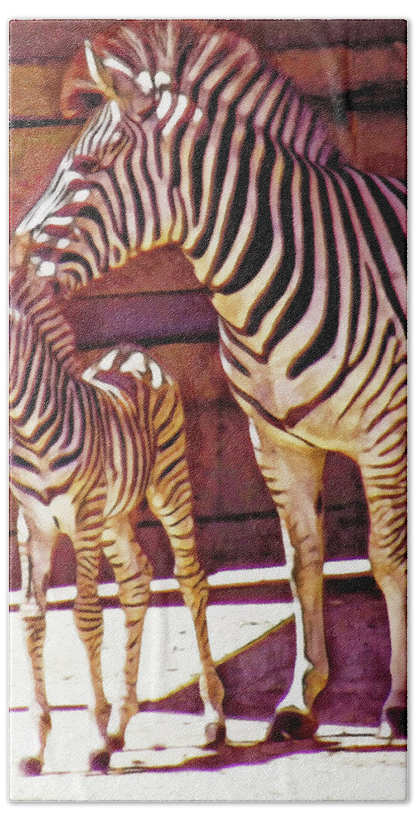 Zebra Mom And Baby Hand Towel featuring the photograph Zebra Mom and Baby by Two Hivelys